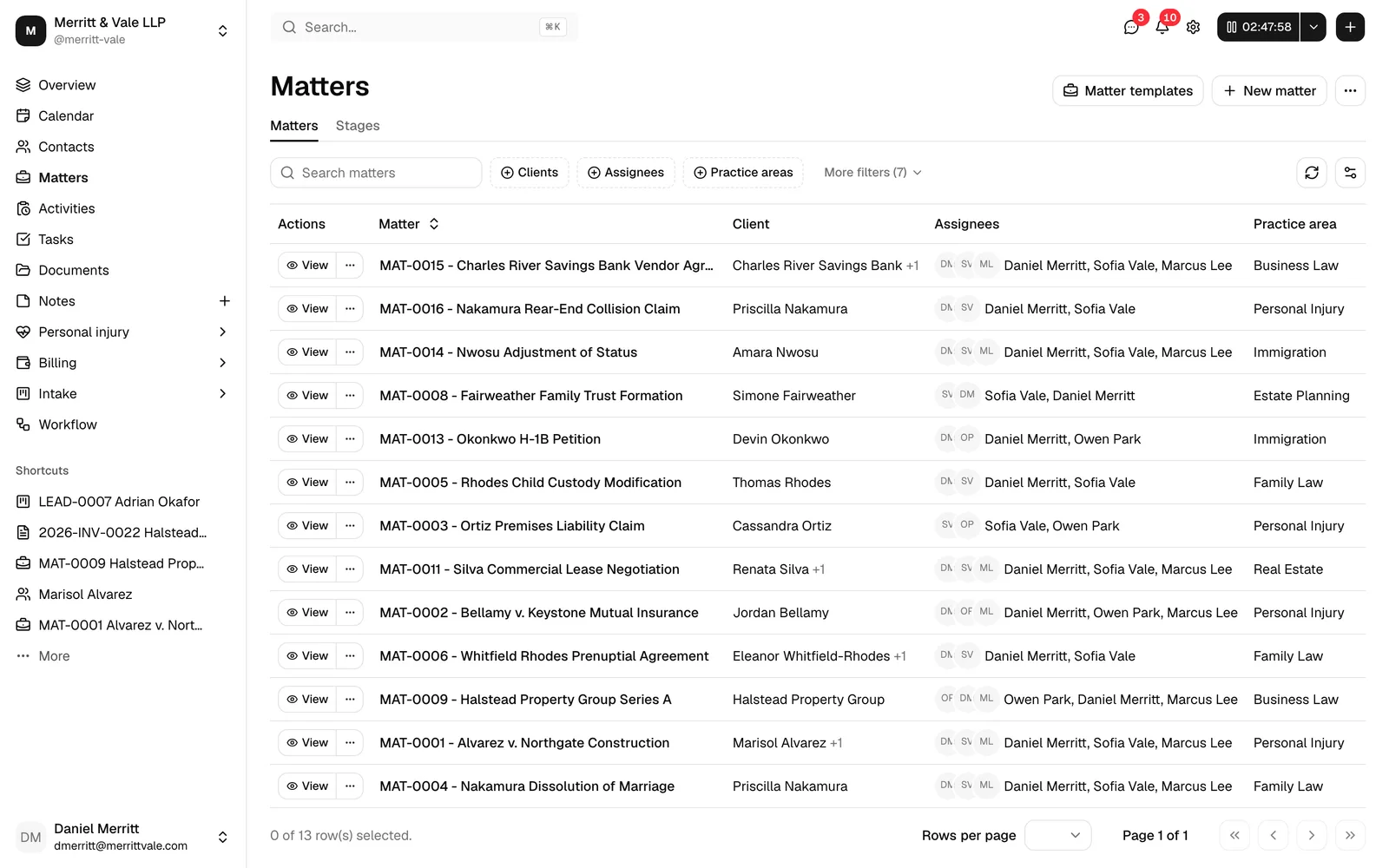 The Matters page on the Matters tab, showing the page heading, the New matter, Matter templates, and more-options buttons in the top right, the filter toolbar