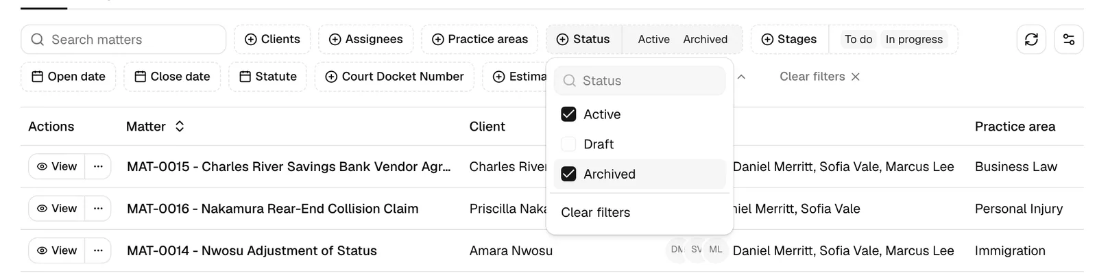 The toolbar with the Status filter open, showing the Active, Draft, and Archived checkboxes, and the Clear filters button visible to the right.