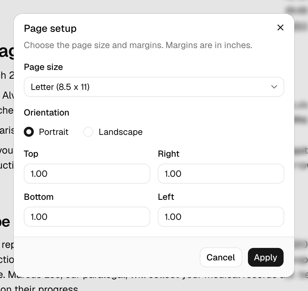 The Page setup dialog with the Page size dropdown, Orientation radio buttons, and the four margin fields.