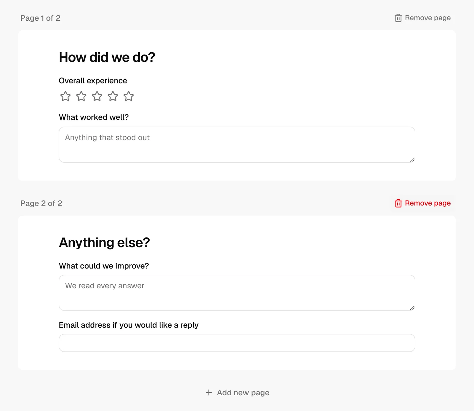 A form with two pages on the canvas, each as a white card labeled Page 1 of 2 and Page 2 of 2, with the Add new page button below and a Remove page button