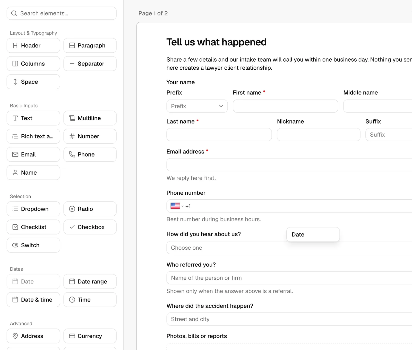 The element palette with its grouped sections expanded and the Search elements box at the top. Highlight one element mid-drag with a drop indicator on the