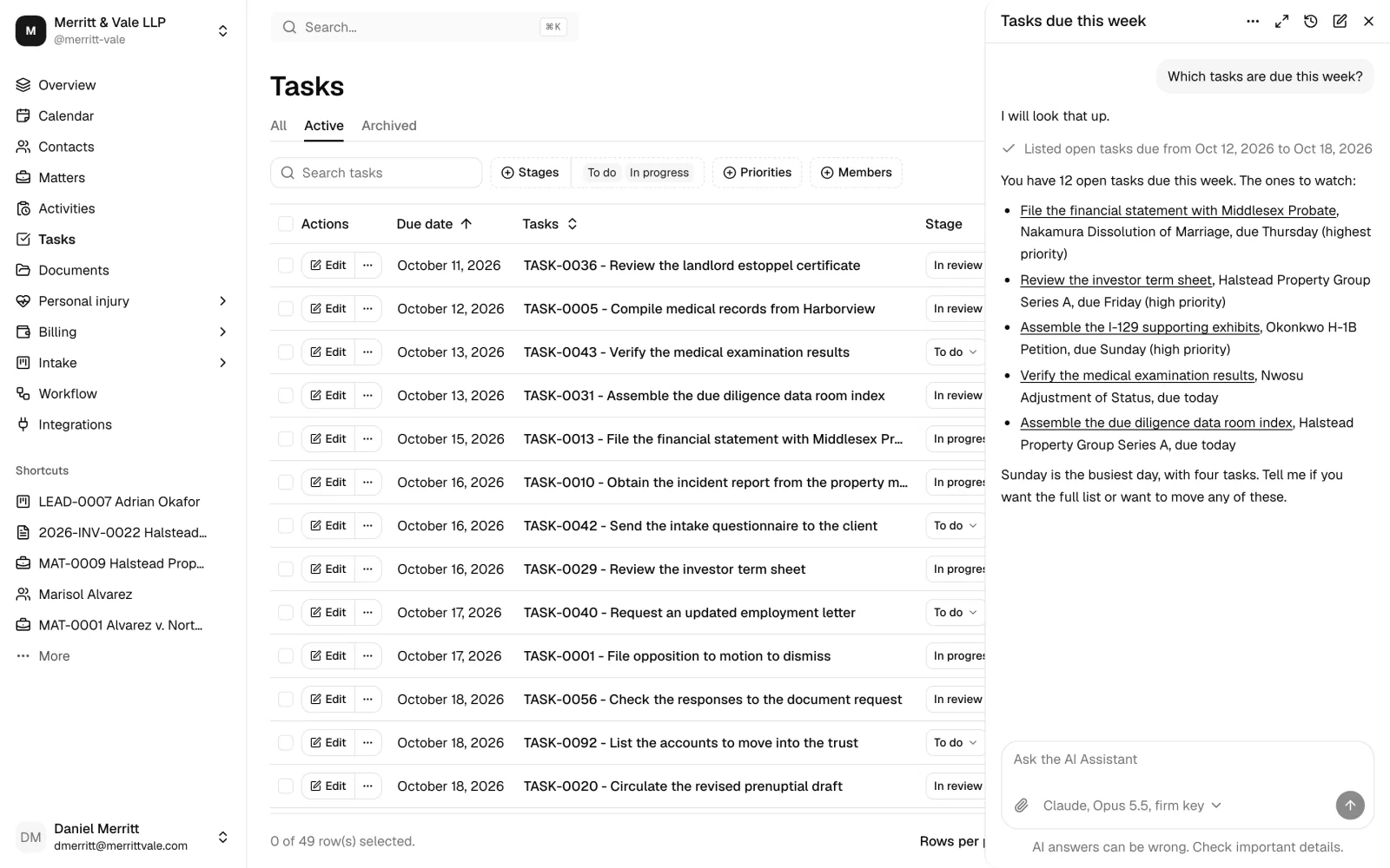 The dashboard with the AI Assistant panel open on the right: a question about tasks due this week, the List tasks step, and the answer linking to each task.