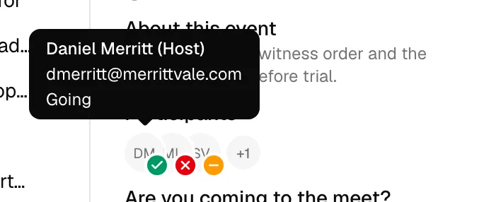 A Participants avatar row with the green check, red x, amber dash, and grey dots badges, and a tooltip open on one avatar showing the name, (Host), the email