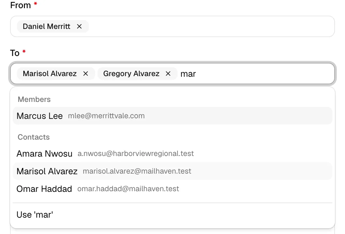 The To party picker open on an email log, showing the Members and Contacts groups with each person's email beside their name, and the Use '…' option for a