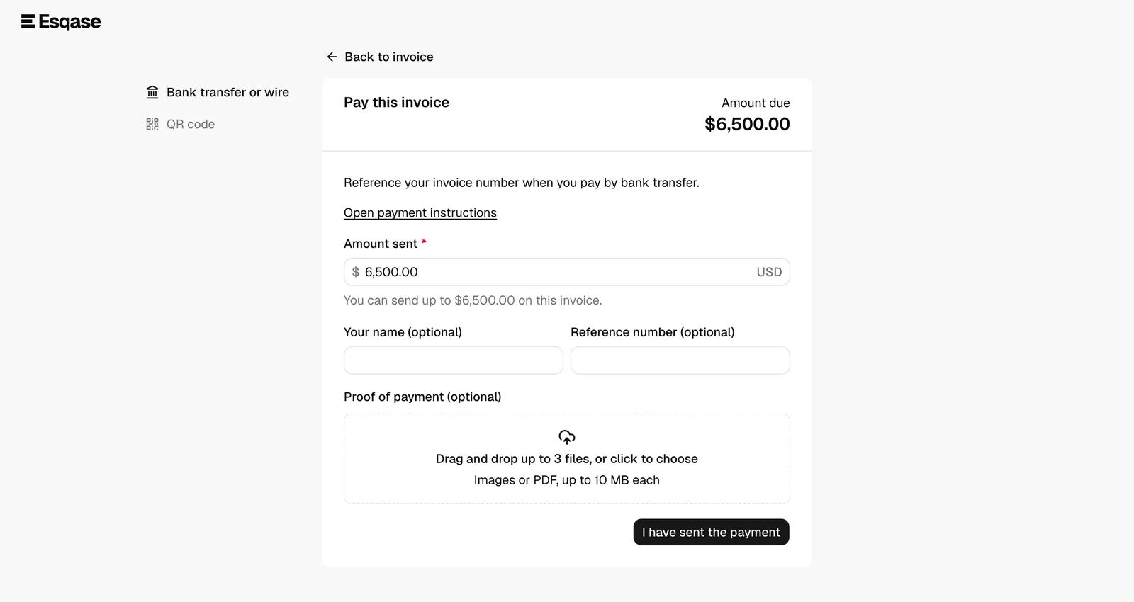 The pay view with the method picker sidebar on the left (Bank transfer or wire, QR code) and the Back to invoice button at the top. Highlight the Amount due
