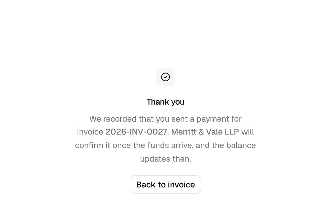 The Thank you confirmation page showing the invoice number and the Back to home button.