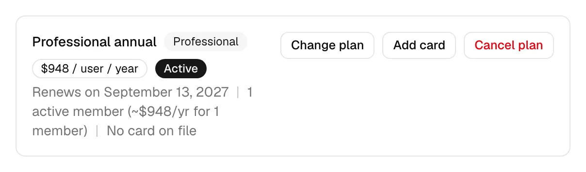 The current-plan card highlighting the Visa ····4242 card-on-file detail and the Update card button.