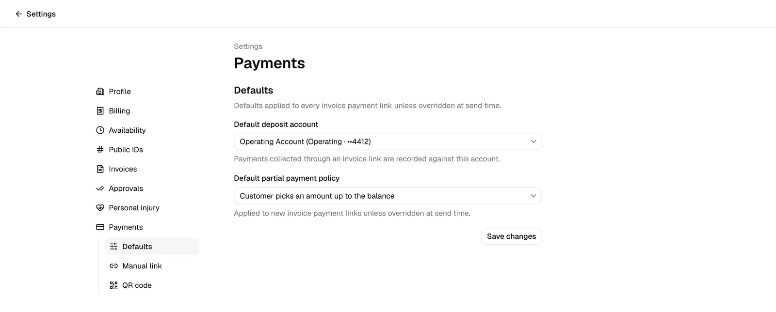 The Payments settings page open on the Defaults tab, with the Defaults / Manual link / QR code sub-navigation highlighted on the left.