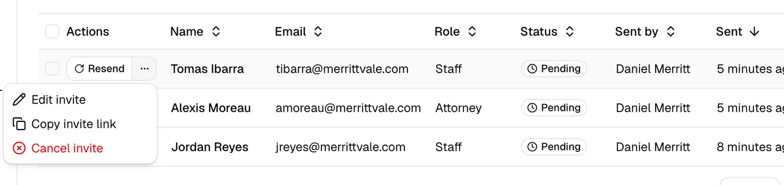 The Pending invites tab with the Resend button and the "more actions" menu open, showing Edit invite, Copy invite link, and Cancel invite.