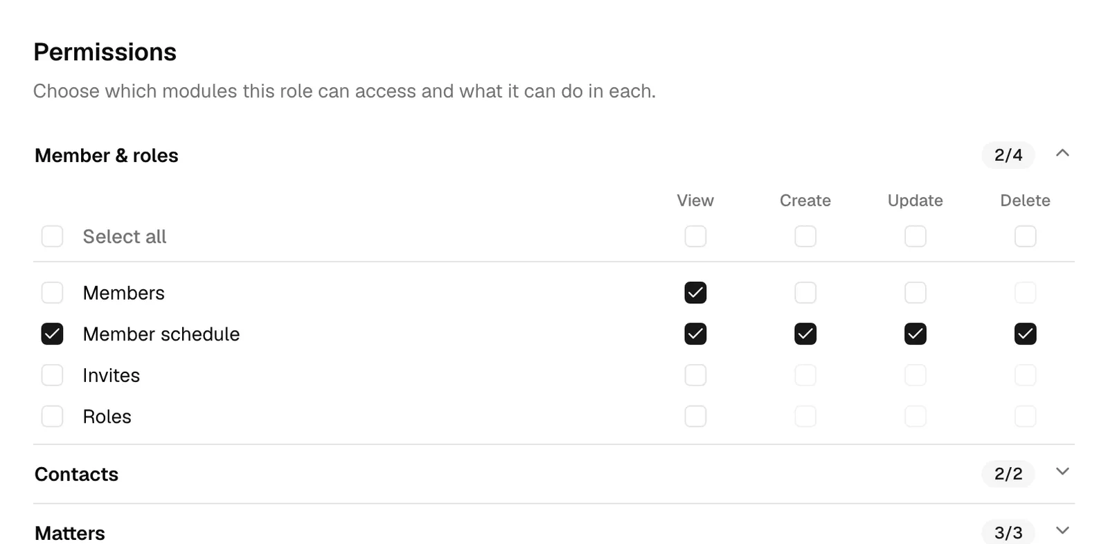 The Permissions section on a role detail page with one group expanded (for example, Contacts), showing the rows of app areas and the View, Create, Update, and