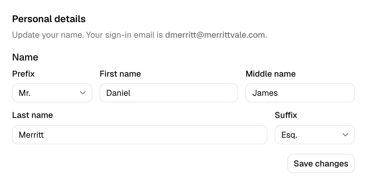 The Personal details section with the Prefix, First name, Middle name, Last name, and Suffix fields filled in, and the Save changes button visible.