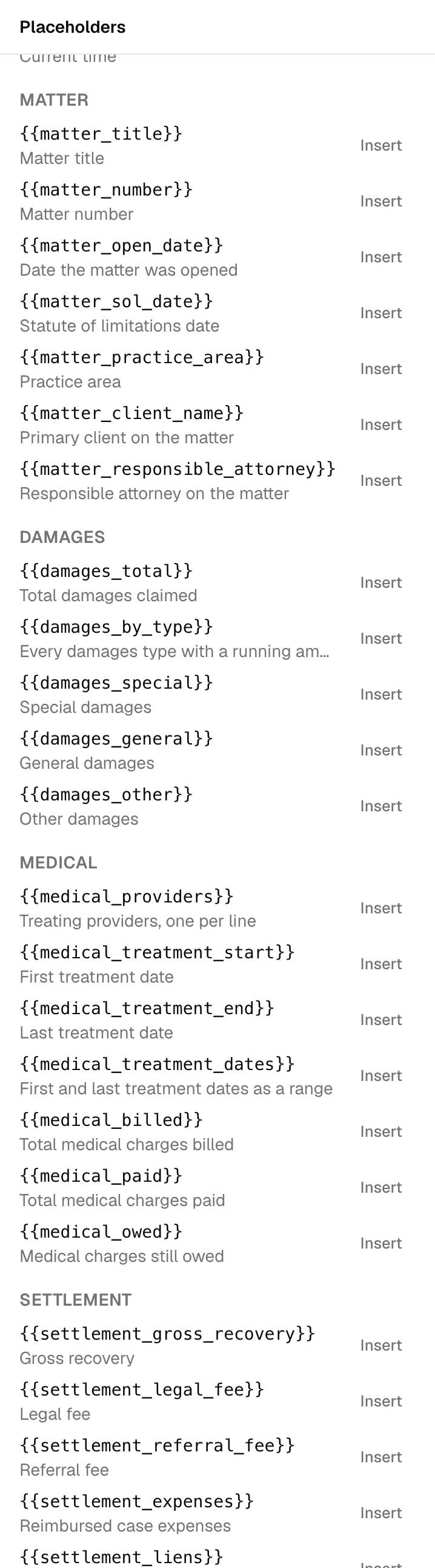 The Placeholders panel on a personal injury matter's document, with the System fields section expanded to show the Matter, Damages, Medical, and Settlement