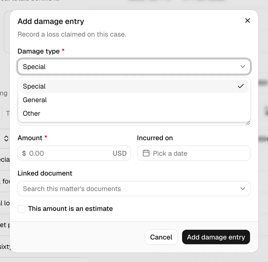 The damage form with Loss of earning capacity chosen, the red caution above the calculator, the death-case inputs, the two formula lines, and the Use this