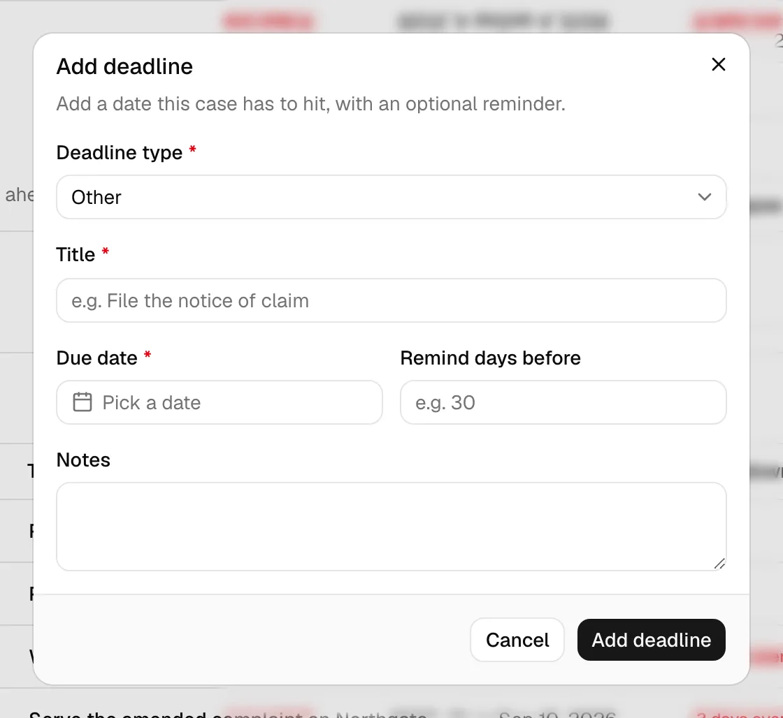 The deadline dialog with Start from a prescriptive period selected, showing the explanation panel, the red caution, and the citation line beneath it.