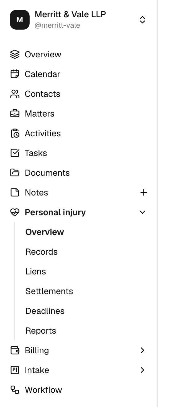 The sidebar with the Torts and Damages group open, showing Overview, Records, Claims, Settlements, Deadlines, and Reports.