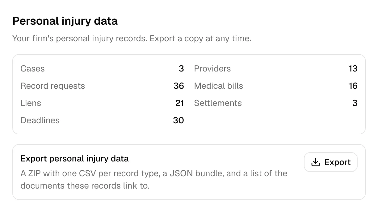The Personal injury data section of the Billing page showing the seven record counts and the Export personal injury data row