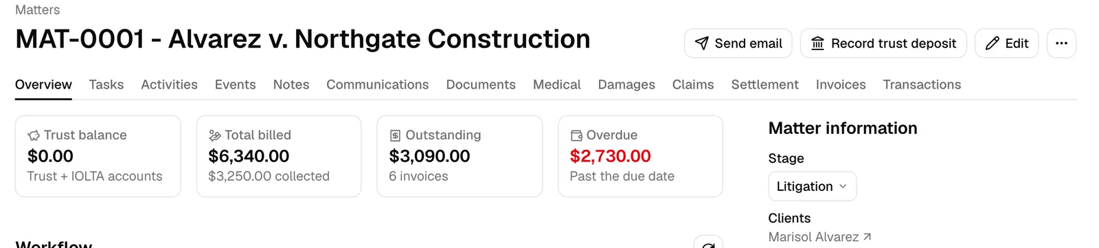 A matter workspace with the four personal injury tabs (Medical, Damages, Claims, Settlement) visible in the tab bar between Documents and Invoices.