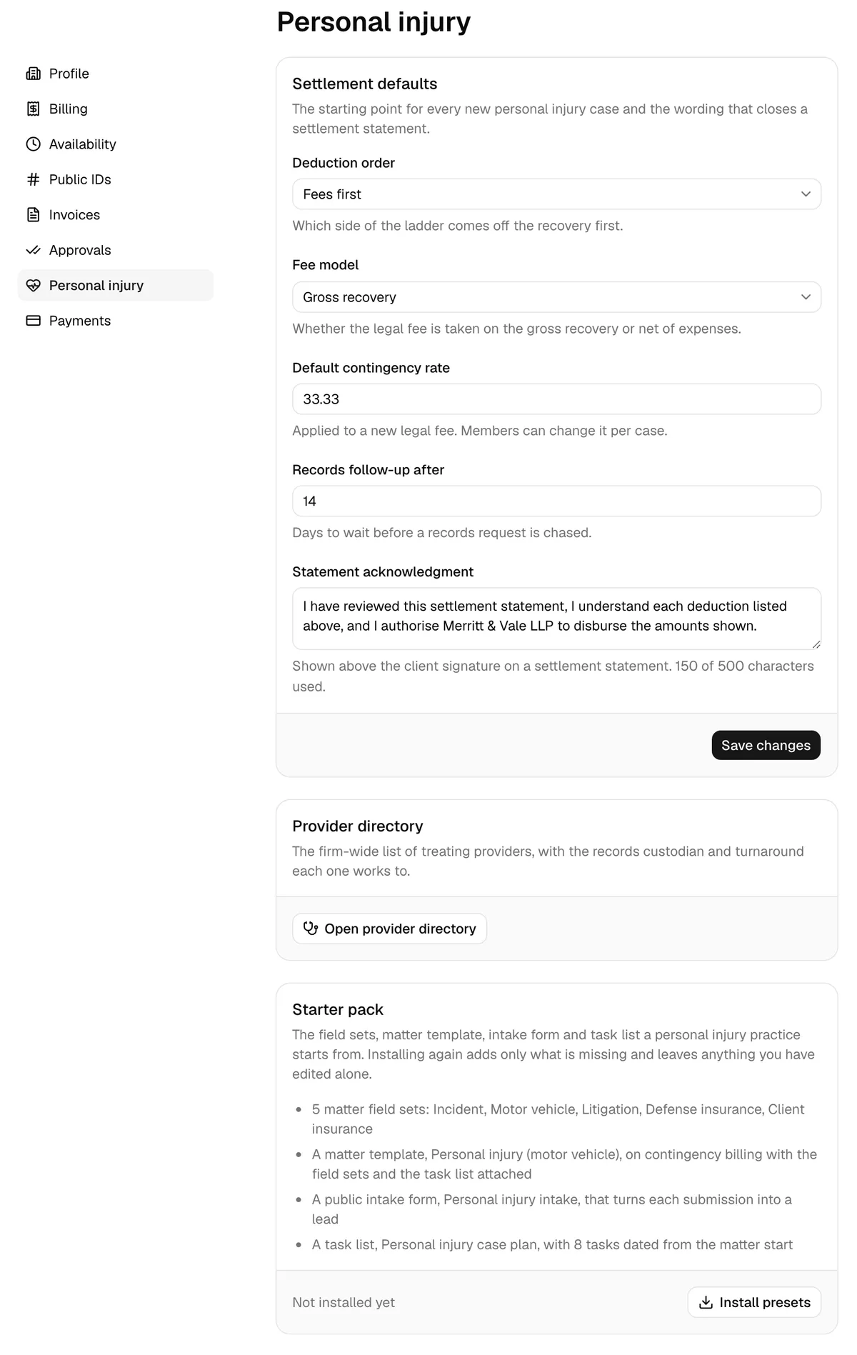 The Personal injury settings page showing the Settlement defaults card, the Provider directory card, and the Starter pack card.