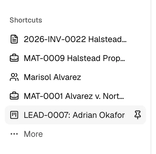 The sidebar Shortcuts group with a row hovered, showing the Pin shortcut action on a recently viewed item and a separate already-pinned item with the Unpin