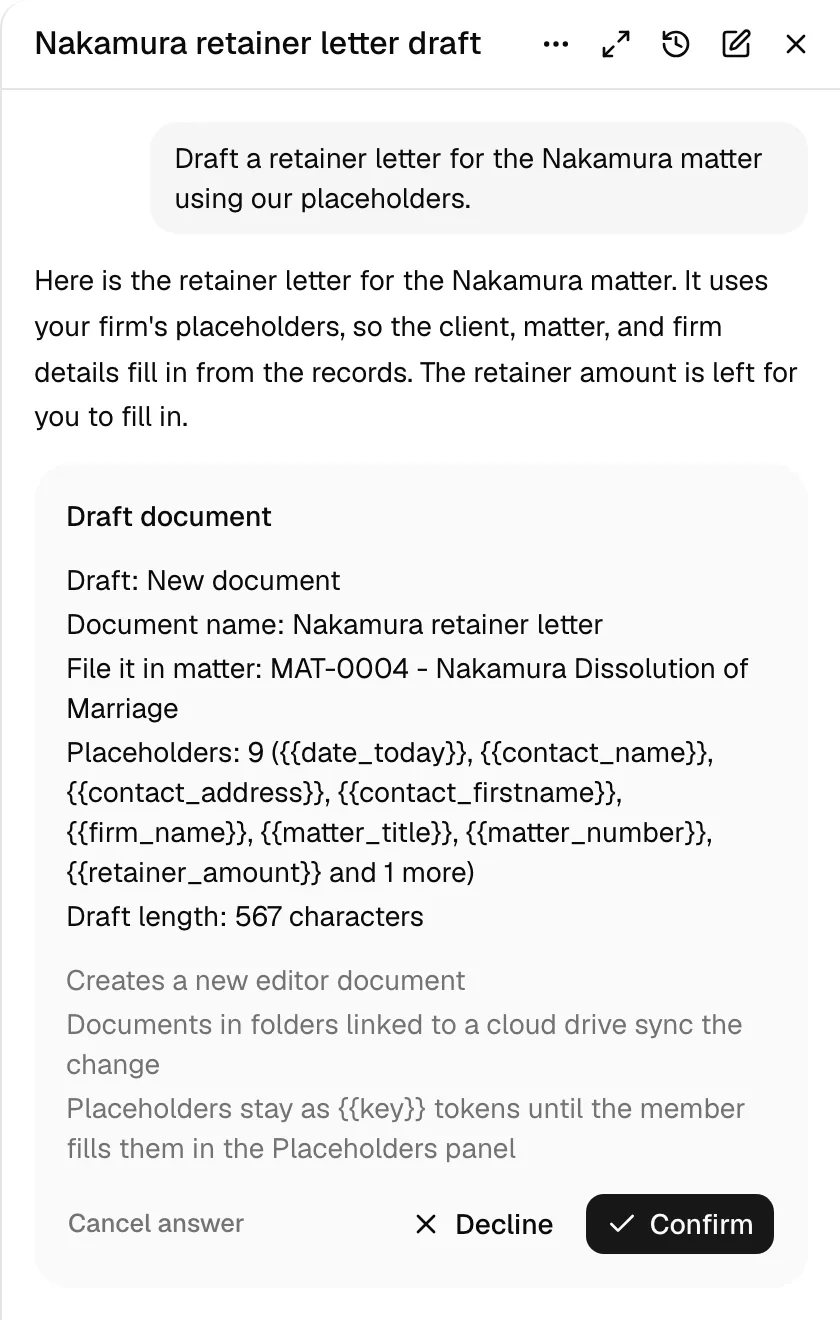 A Draft document block for a retainer letter: the matter it is filed in, the placeholders the draft uses, the effects in grey, and the Confirm button.