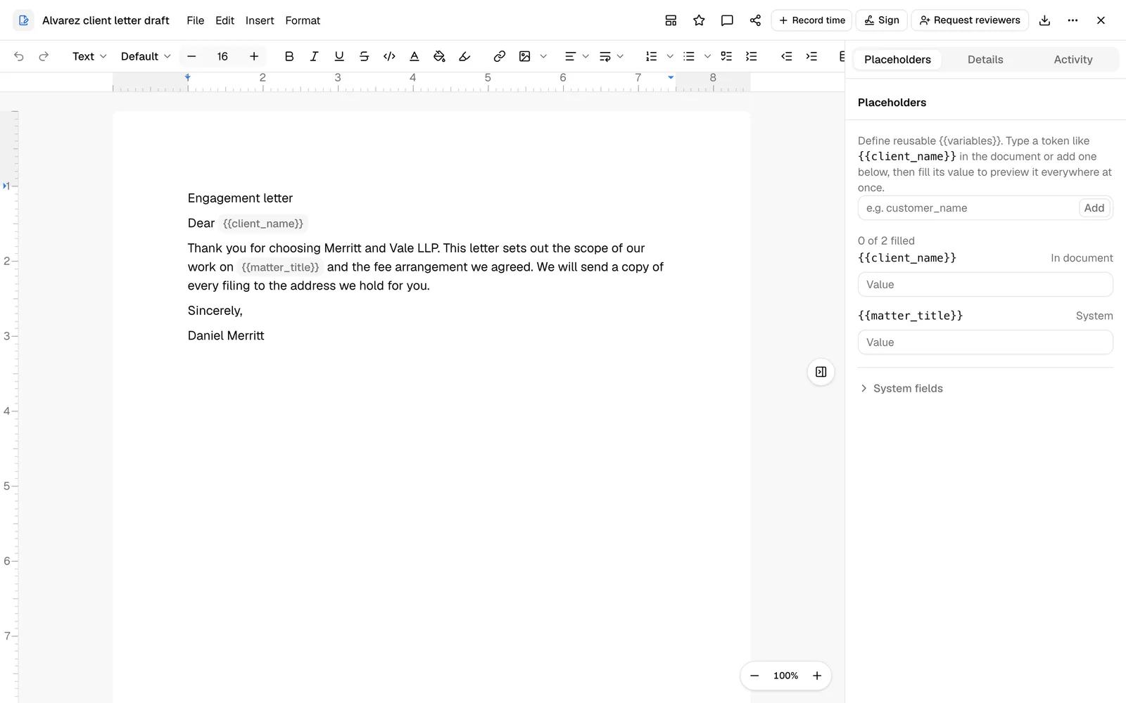 A document open in the editor with a {{client_name}} placeholder chip in the body and the Placeholders tab open on the right showing the matching row.