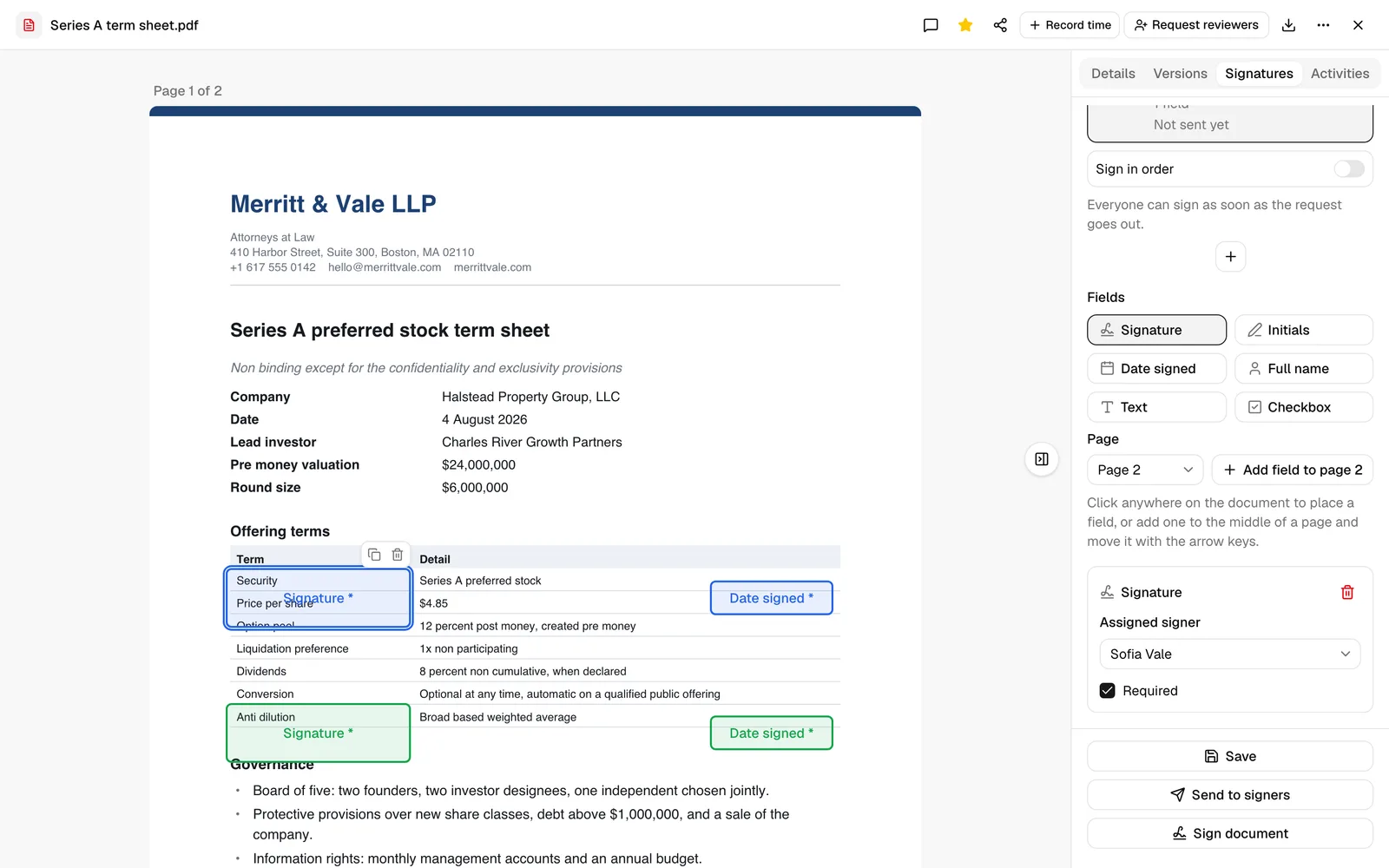 A PDF page with several placed fields in two different signer colors, one field selected showing its duplicate and delete toolbar, and the per-field editor in