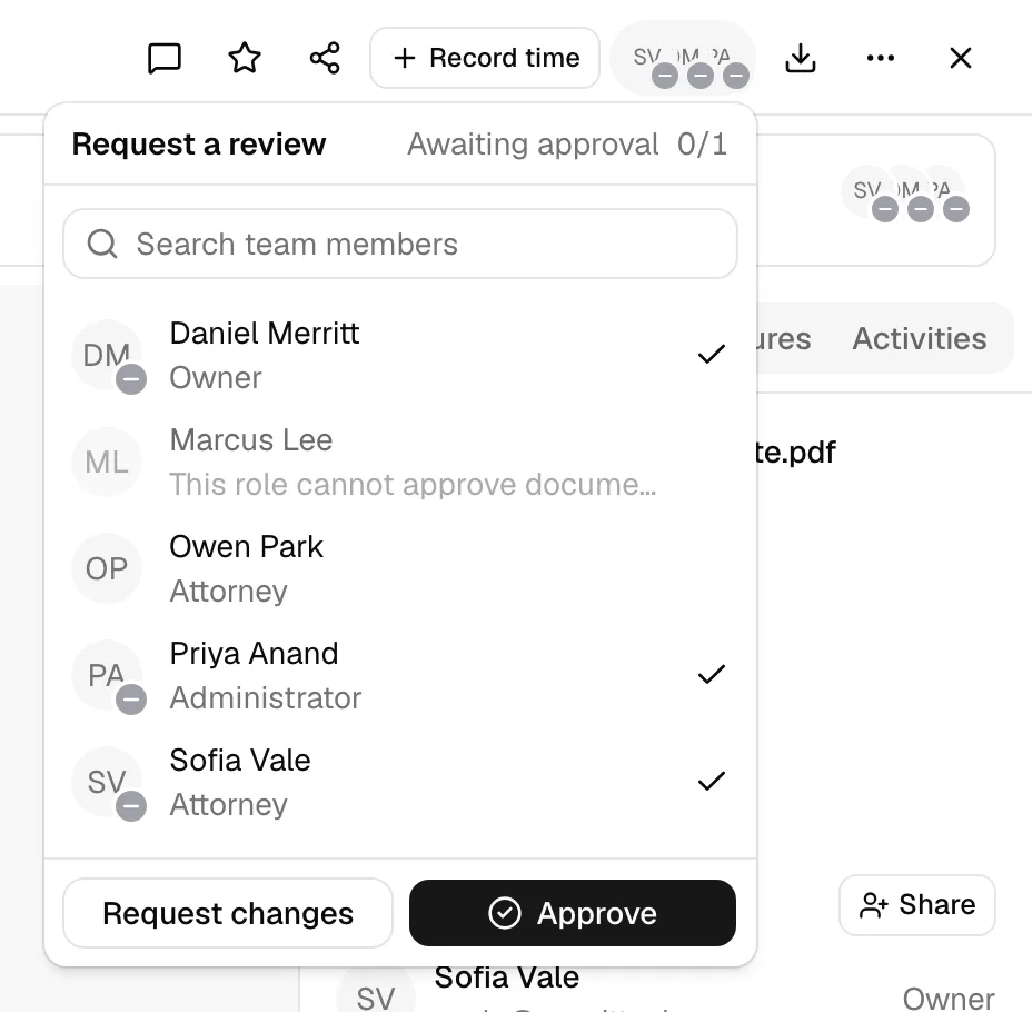The header of an open file at the top right, with the reviewer avatar group between the record-time control and the Download icon, and the review panel open