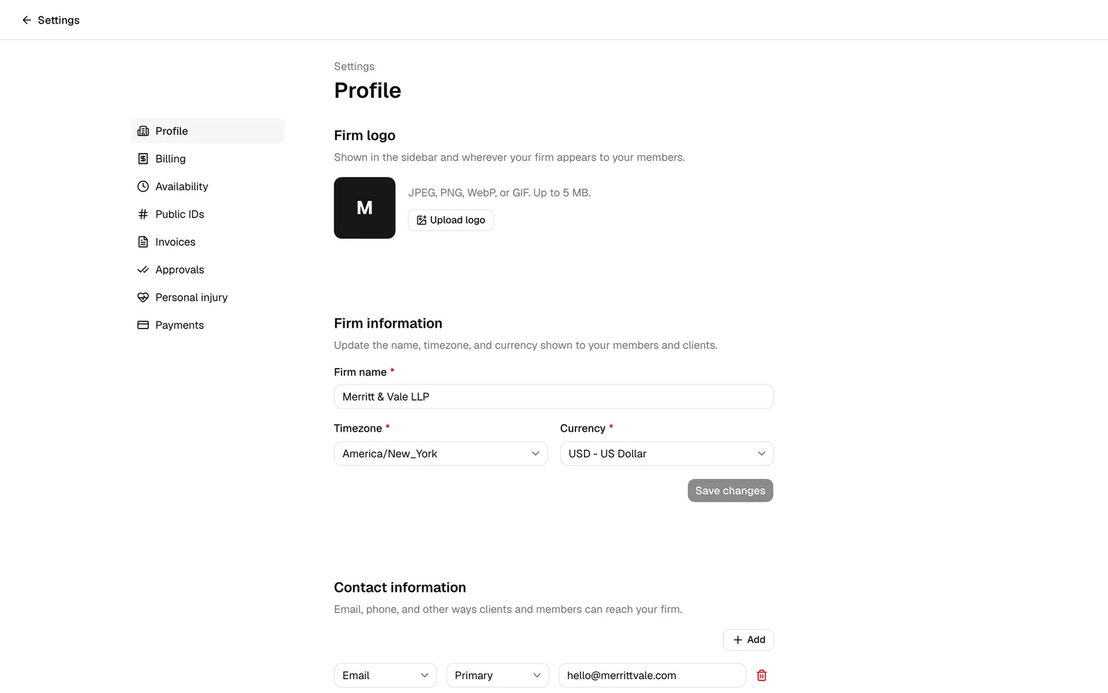 The Settings > Profile page with its left settings sidebar (Profile, Billing, Availability, Public IDs, Approvals, Payments) and the sections on the right