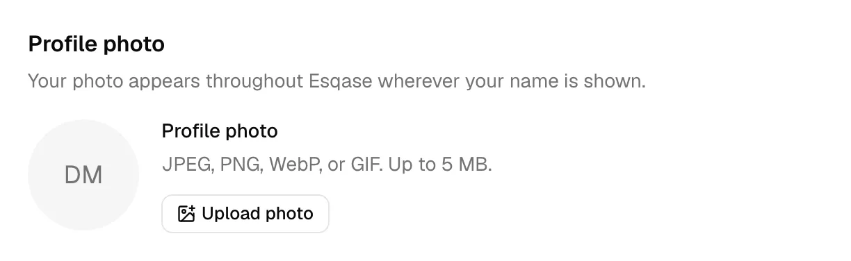 The Profile photo section showing the current avatar (or initials) next to the Change photo / Upload photo button and the supported formats note.