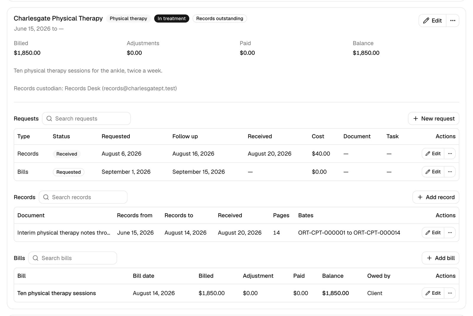 A provider card showing the name, specialty badge, In treatment badge, Records outstanding badge, the four money totals, and the Requests, Records, and Bills