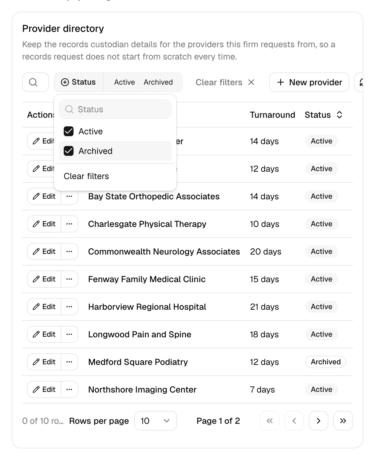 The provider directory at Settings > Personal injury > Providers, with the Status filter open and one archived row visible.