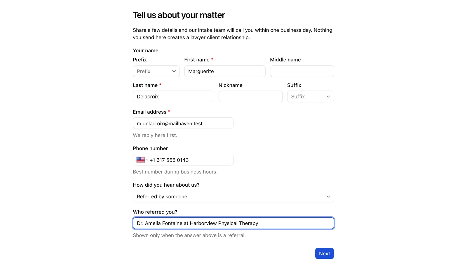 A two-page public form mid-flow, showing the Back and Next buttons at the bottom.