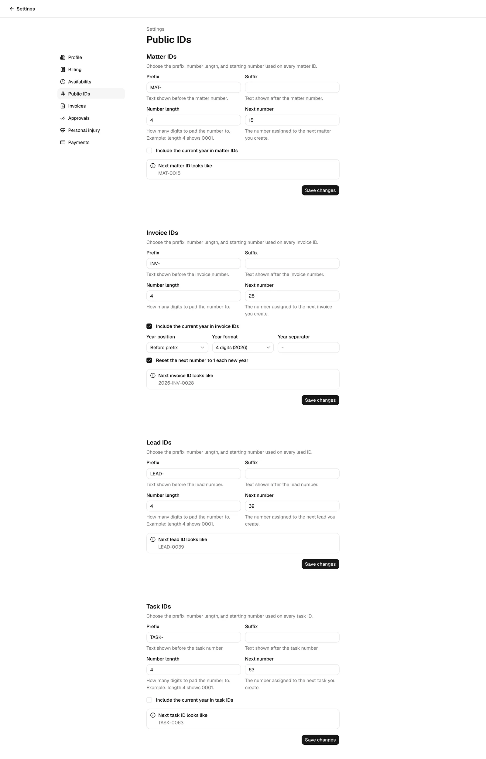 The Public IDs settings page showing all four sections (Matter IDs, Invoice IDs, Lead IDs, Task IDs) stacked vertically, with the Public IDs item highlighted