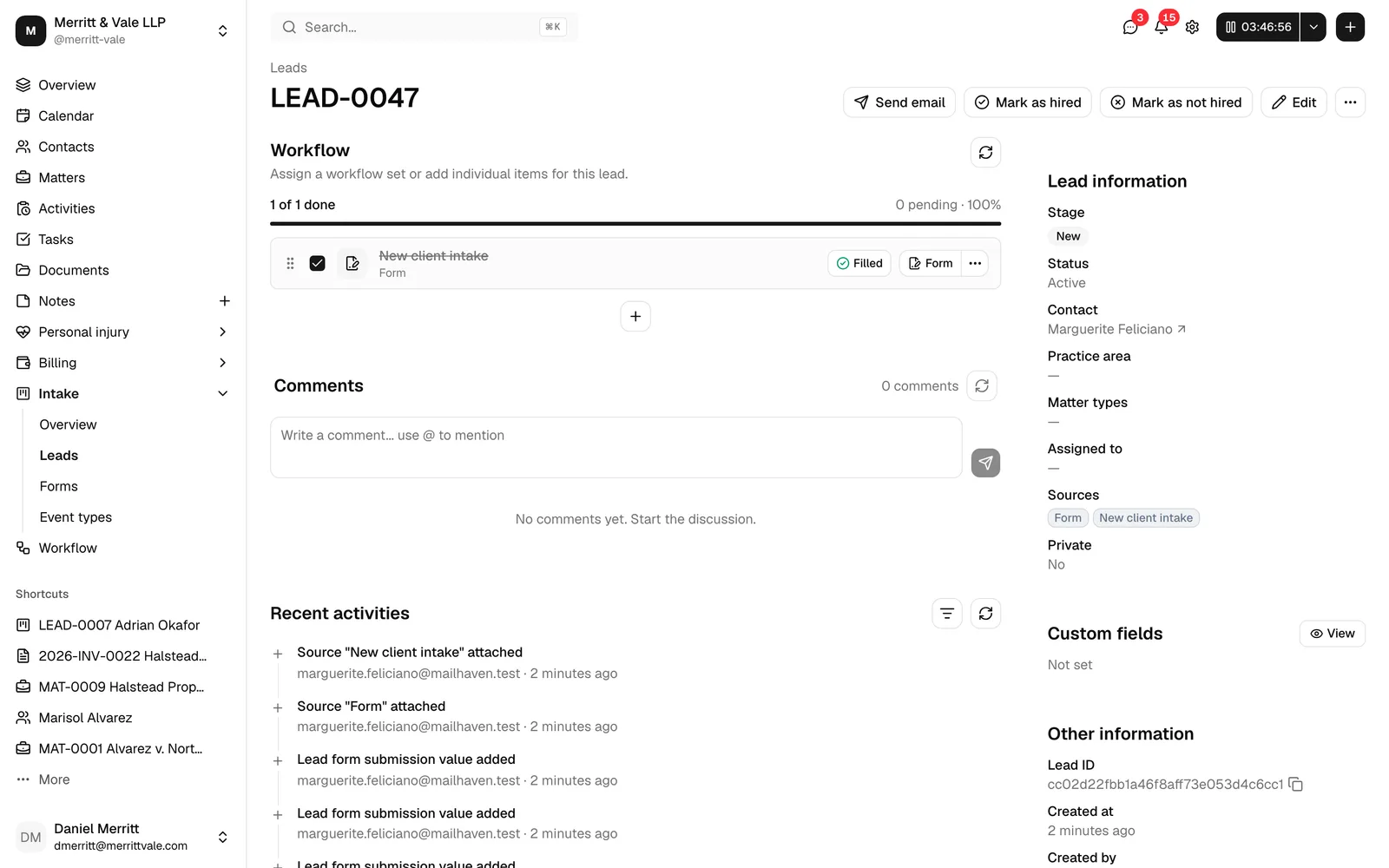 A newly created lead's detail page showing the linked contact, the Form and form-name lead source tags, and (if a workflow was assigned) the attached workflow