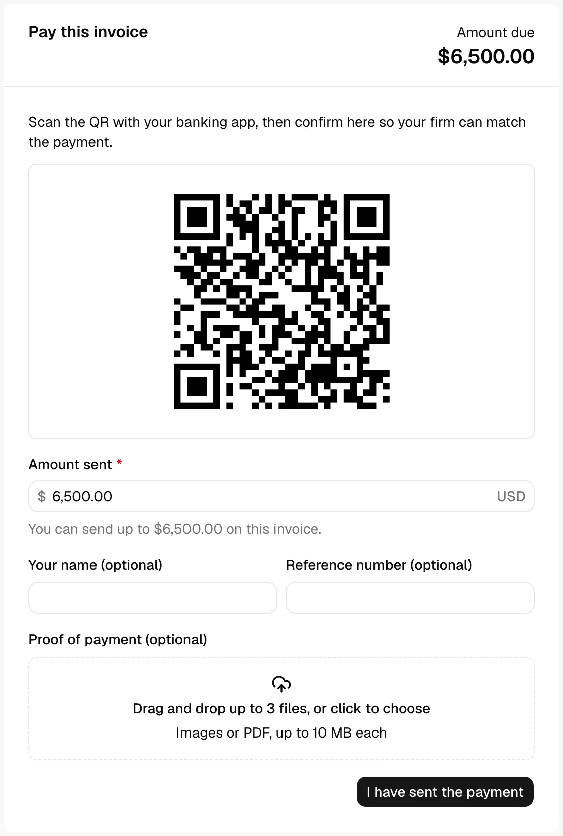 The QR code panel showing the scannable QR image, the instruction text, and the I have sent the payment button.