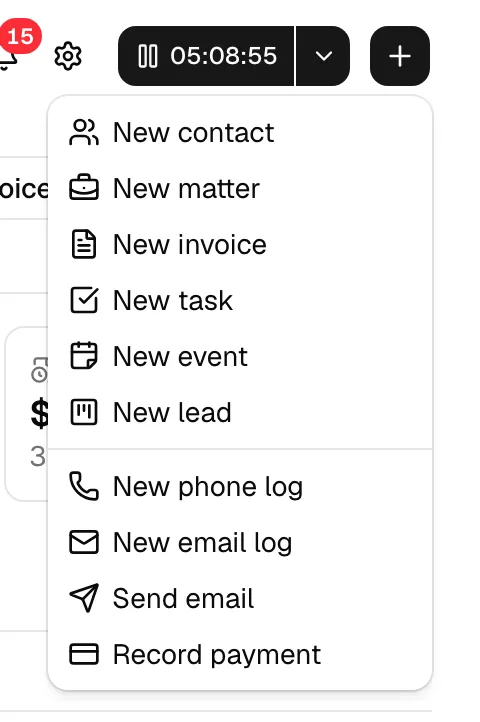 The header + menu open, showing New contact, New matter, New invoice, New task, New event, and New lead, then a divider, then New phone log, New email log