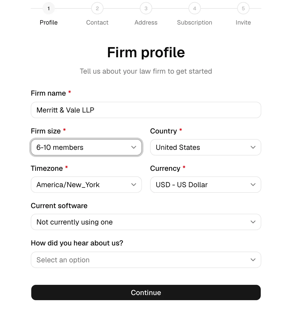 The firm setup wizard on the Profile step, with the 5-step progress bar (Profile, Contact, Address, Subscription, Invite) at the top and the Firm name, Firm