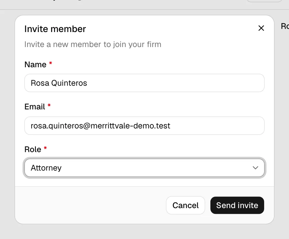 The Invite member dialog with the Name, Email, and Role fields. Highlight the Send invite button.