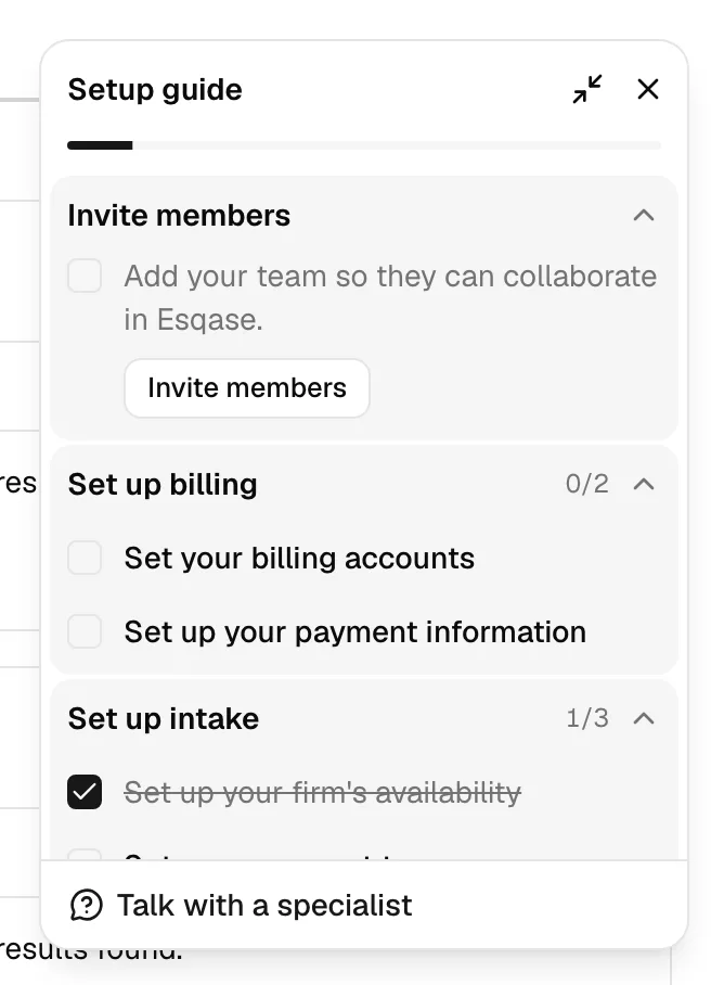 The Setup guide card expanded in the bottom-right corner, showing the progress bar, the grouped checklist (Set up billing, Set up intake), and a checked-off