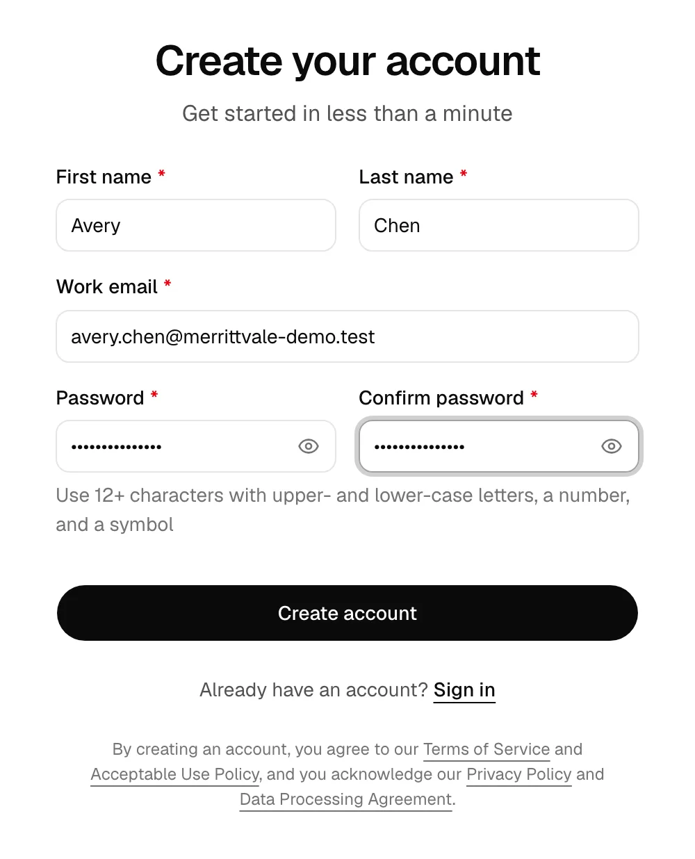 The Create your account form with the name, Work email, Password, and Confirm password fields. Highlight the Create account button.