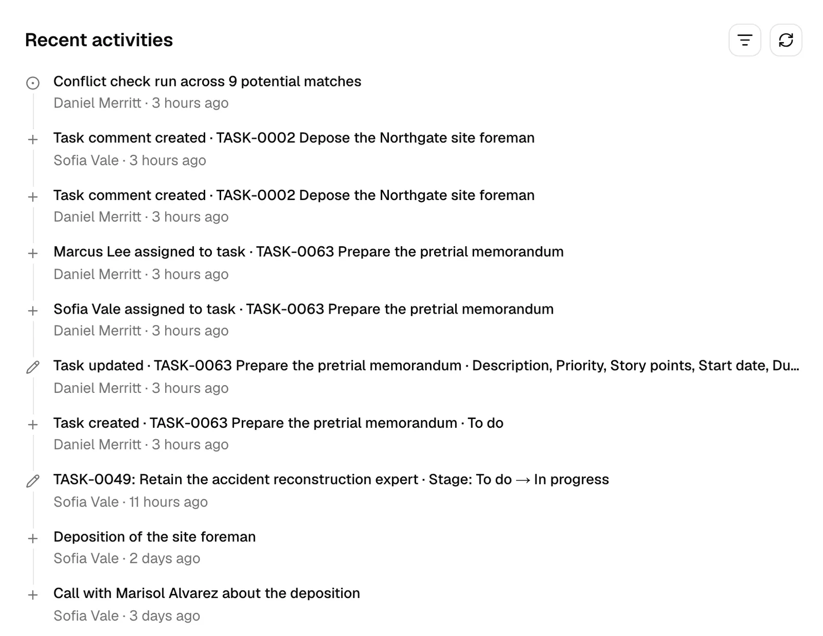 A record detail page (for example a matter) with the Recent activities section in the sidebar or panel expanded, showing several timeline entries with their