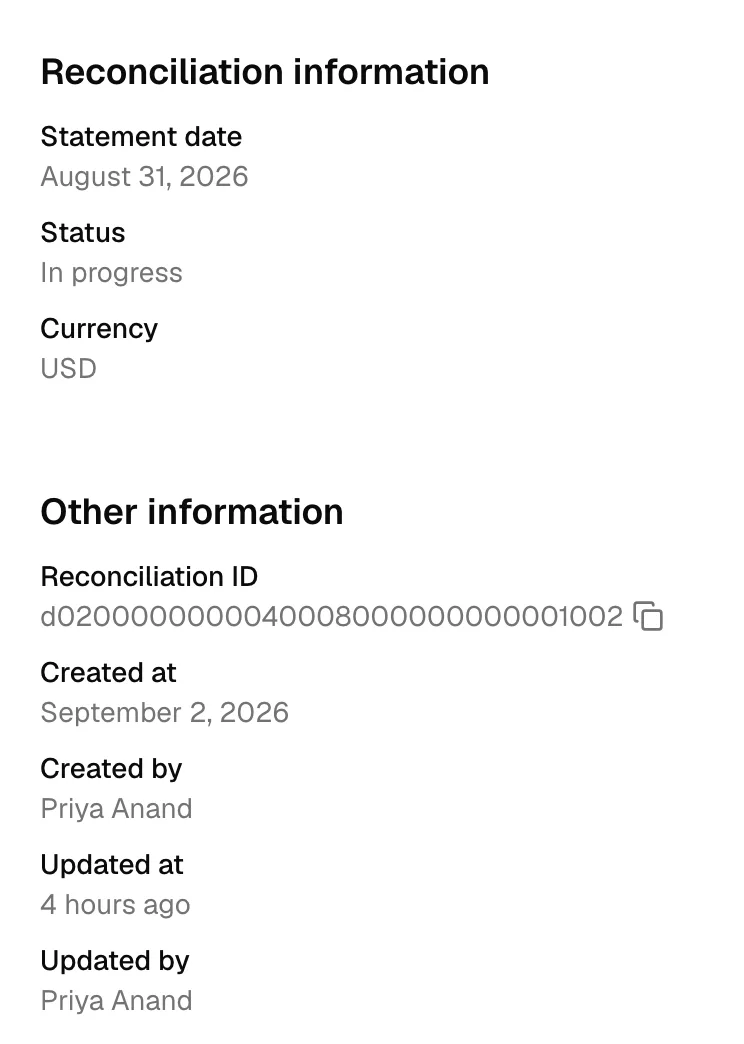 The reconciliation details sidebar showing Reconciliation information with the statement date, status, and currency, and Other information with the