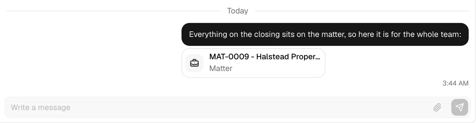 A chat message showing a short note with a matter card underneath it, naming the matter and its type.