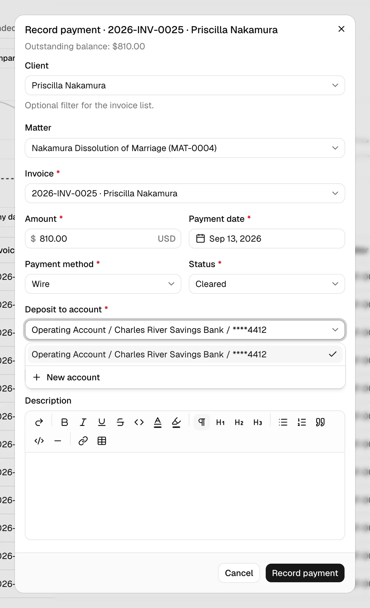 The Record payment dialog with the Client, Matter, and Invoice pickers filled in, the Amount defaulted to the outstanding balance, and the Deposit to account