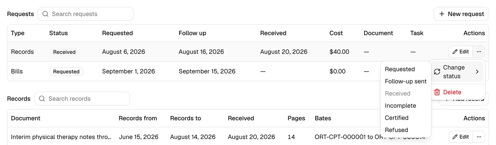 The Requests table on a provider card with a row's "..." menu open showing the Change status submenu.