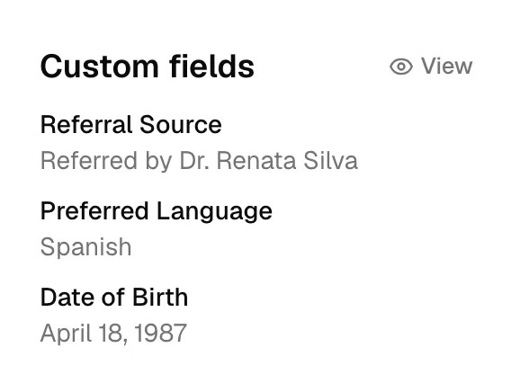 A record's right sidebar with the Custom fields section and its View button highlighted.