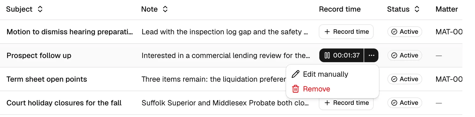 The Record time column in the notes table showing a running timer (elapsed time with a pause icon) and the options menu open with Edit manually and Remove.