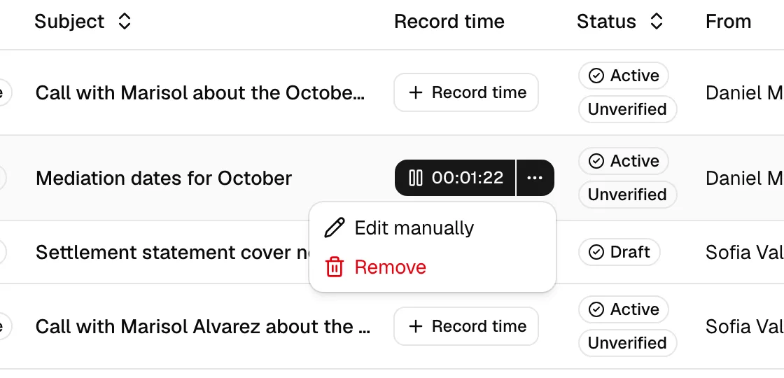 The Record time column showing one row with a running timer (Pause + elapsed time + options menu) and the options menu open with Edit manually and Remove