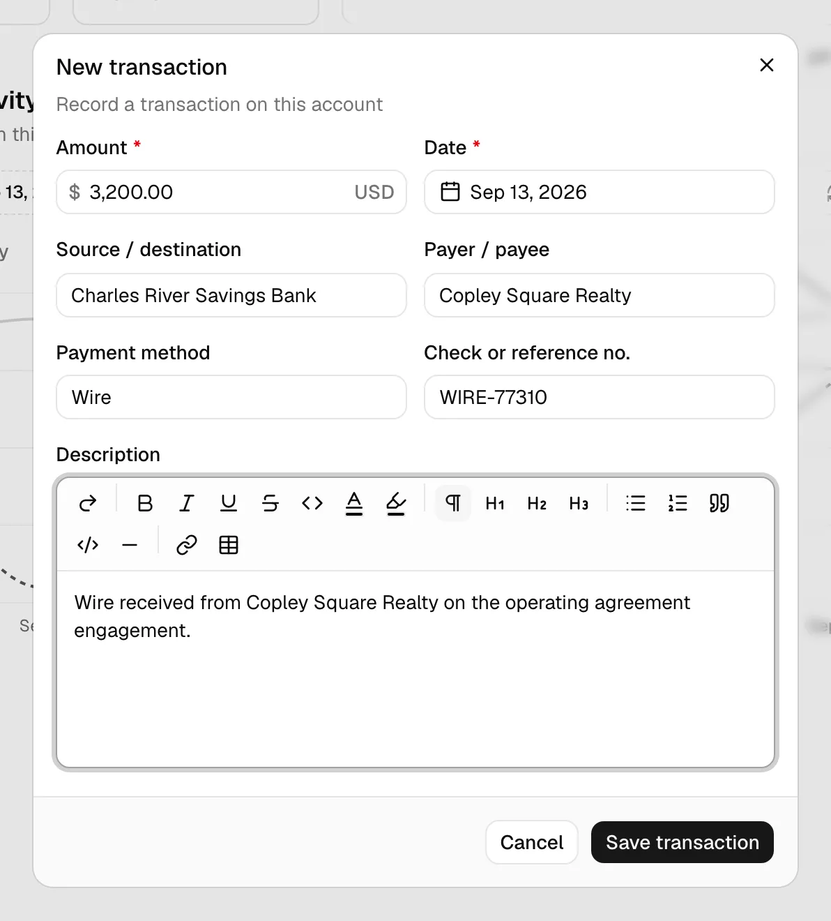 The New transaction dialog on an operating account, highlighting the Amount and Date fields and the Save transaction button.
