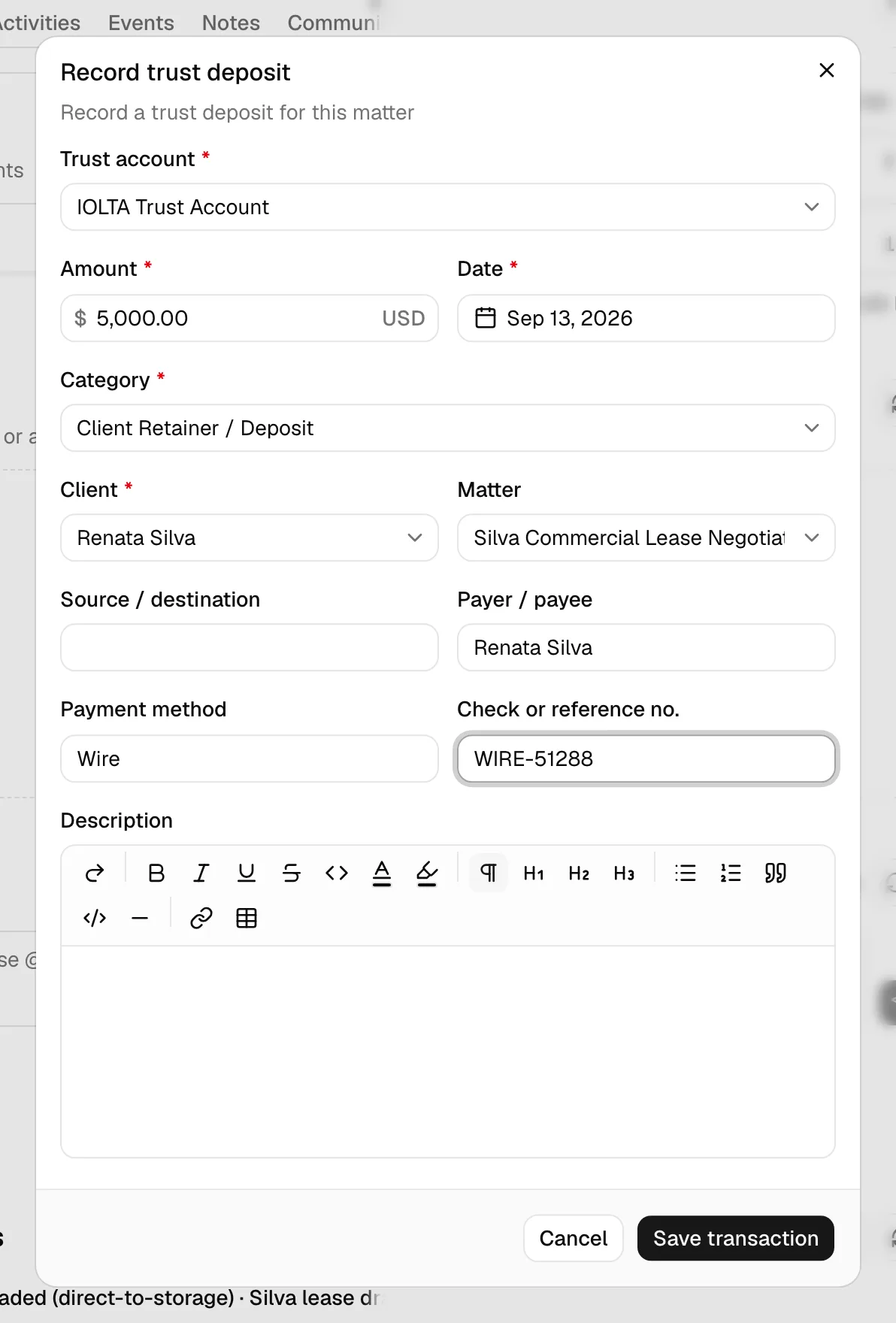 The Record trust deposit dialog opened from a matter, with the Trust account picker at the top of the form.